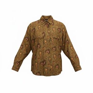 LINDA ALLARD ELLEN TRACY Olive Paisley Vintage Silk Button Down Shirt | Size 6